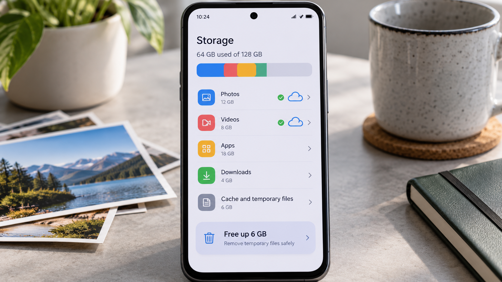 Phone storage settings showing apps photos and large video files