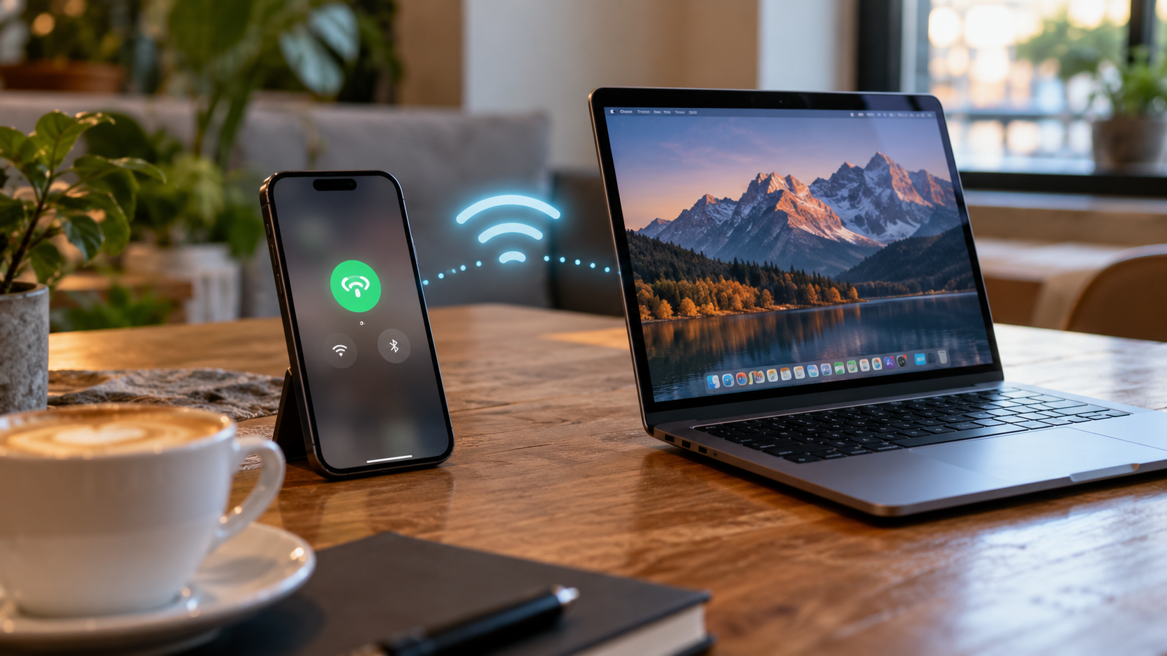 Laptop connected wirelessly to smartphone personal hotspot
