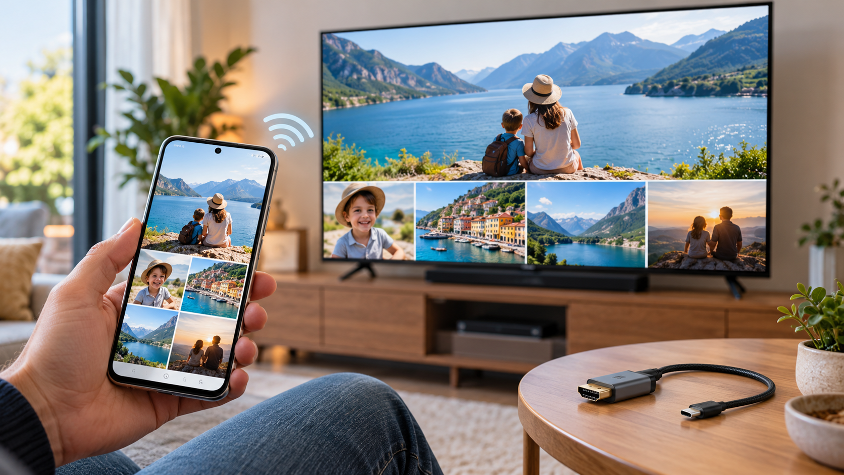 Смартфон перед великим Smart TV з трансляцією фотографій