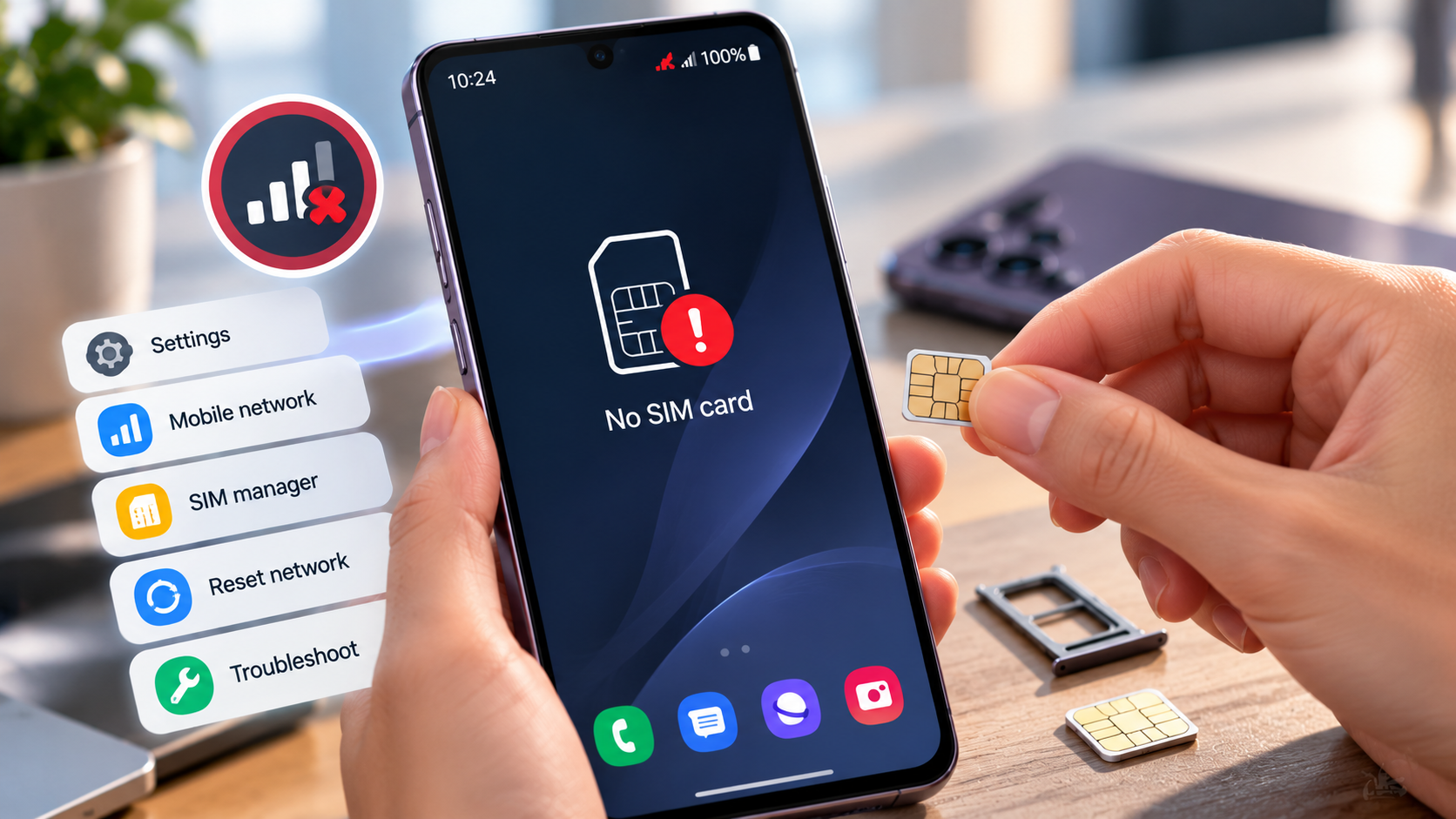 SIM tray next to smartphone with No SIM alert